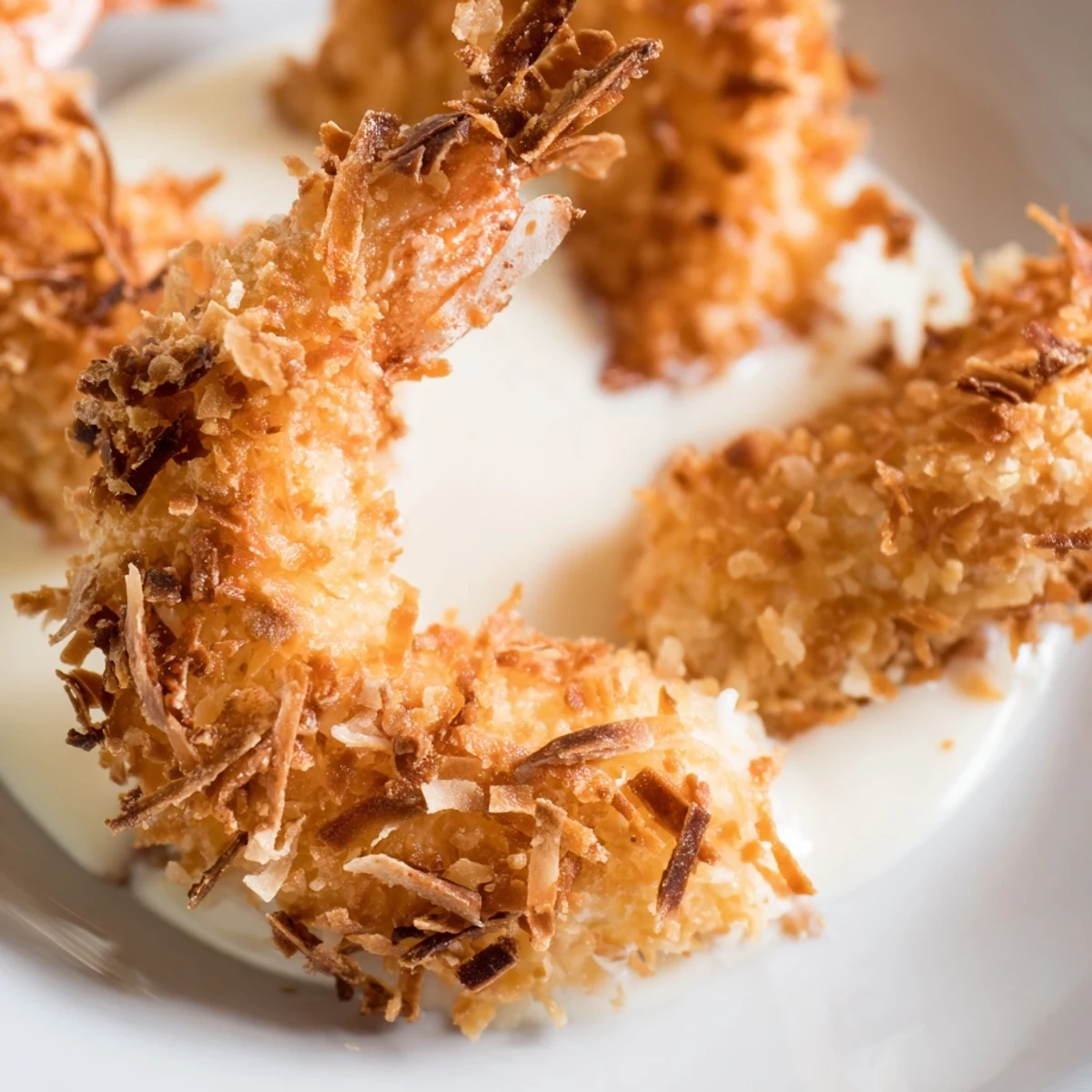 Chinese Coconut Shrimp glistening with sweet and savory coconut sauce, garnished with green onions and extra toasted coconut for texture.