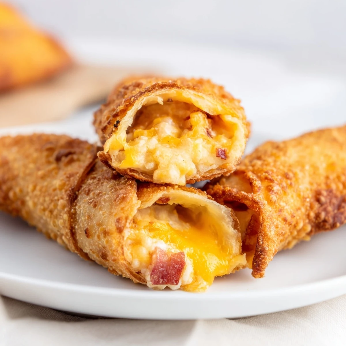 Crispy golden Bacon Jalapeño Popper Eggrolls sit on a plate with creamy ranch dip for game day snacking.  
