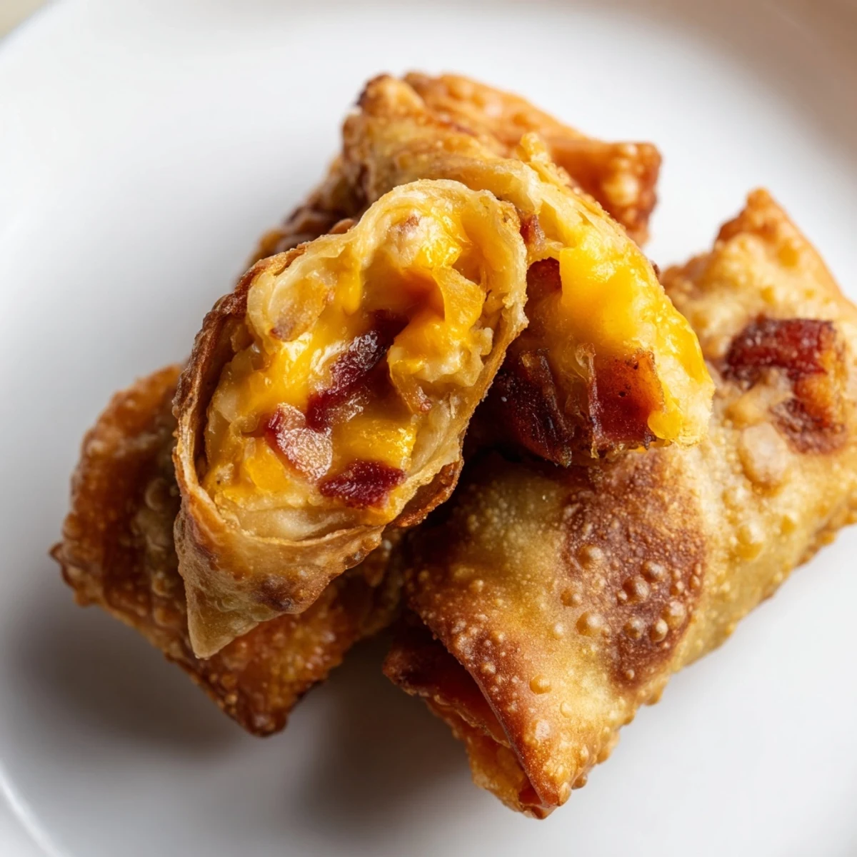 A close-up of Bacon Jalapeño Popper Eggrolls reveals melted cheese, smoky bacon bits, and spicy jalapeño flecks.  
