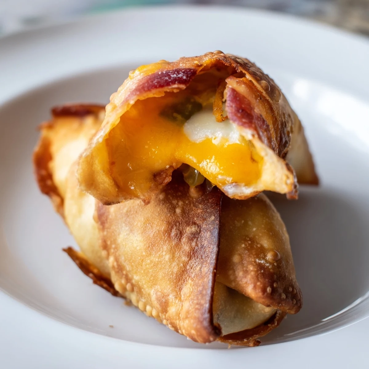 Freshly fried Bacon Jalapeño Popper Eggrolls are paired with blue cheese dip and celery sticks on a platter.