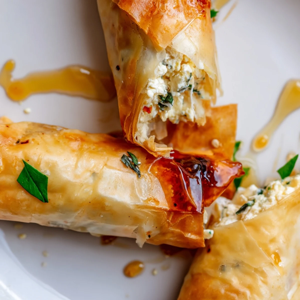 Crispy golden filo feta rolls drizzled with warm chili honey on a rustic plate.