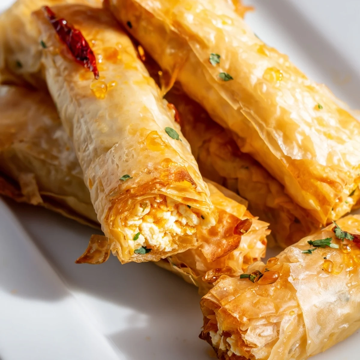 Oven baked feta rolls with fresh herbs on a wooden board, ready to serve.