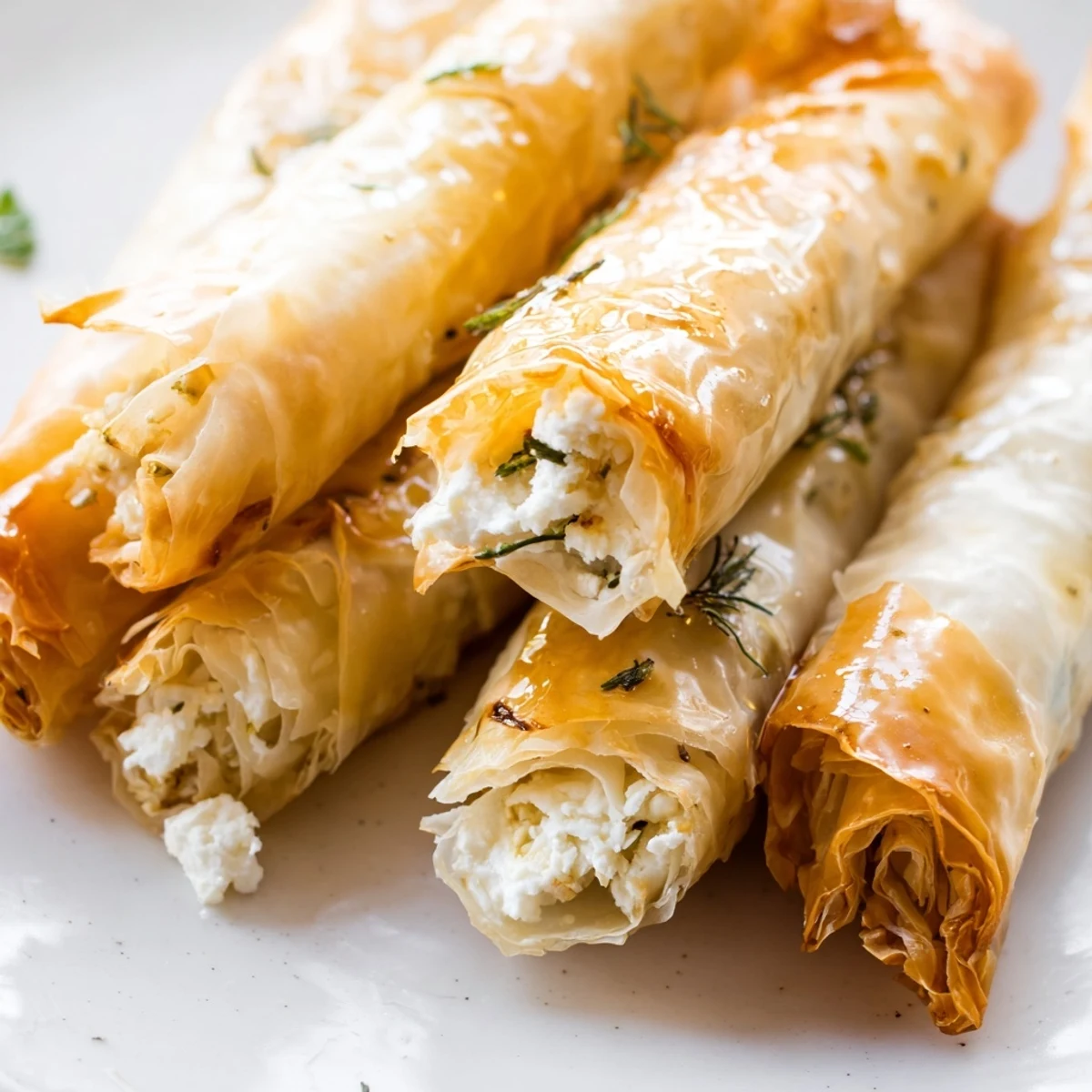 Warm chili honey drizzled over golden filo feta rolls paired with a fresh green salad.