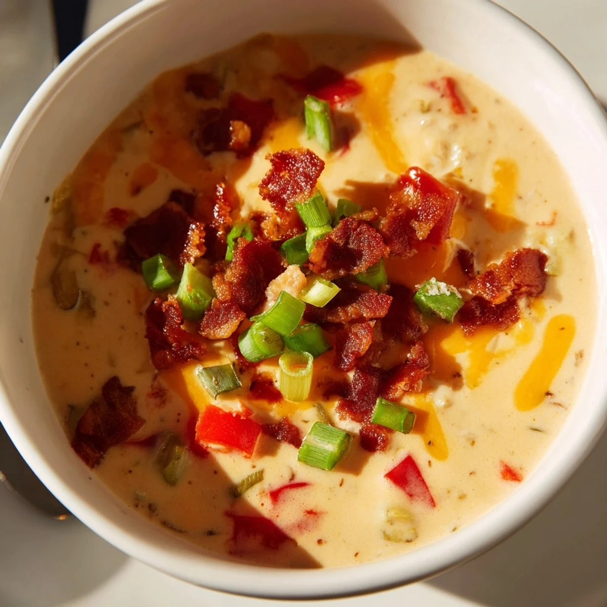 Creamy Spicy Jalapeño Popper Soup served with golden grilled cheese dippers, garnished with fresh green onions on a rustic table.