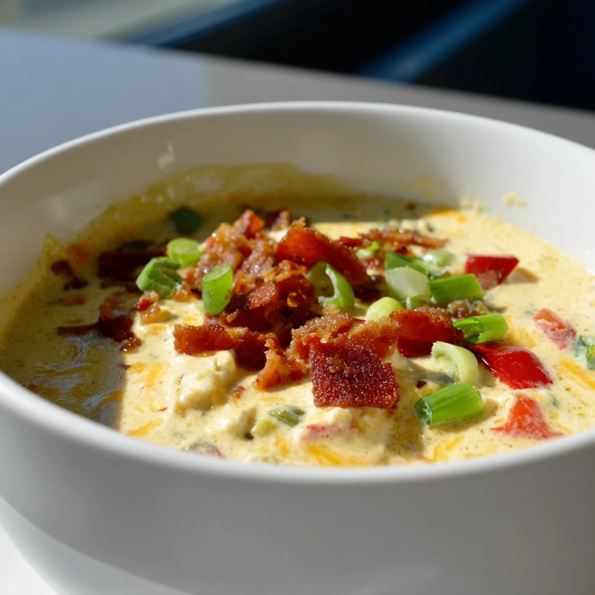 Hearty Spicy Jalapeño Popper Soup in a warm bowl, featuring melted cheese and crispy bacon bits beside crunchy dippers.