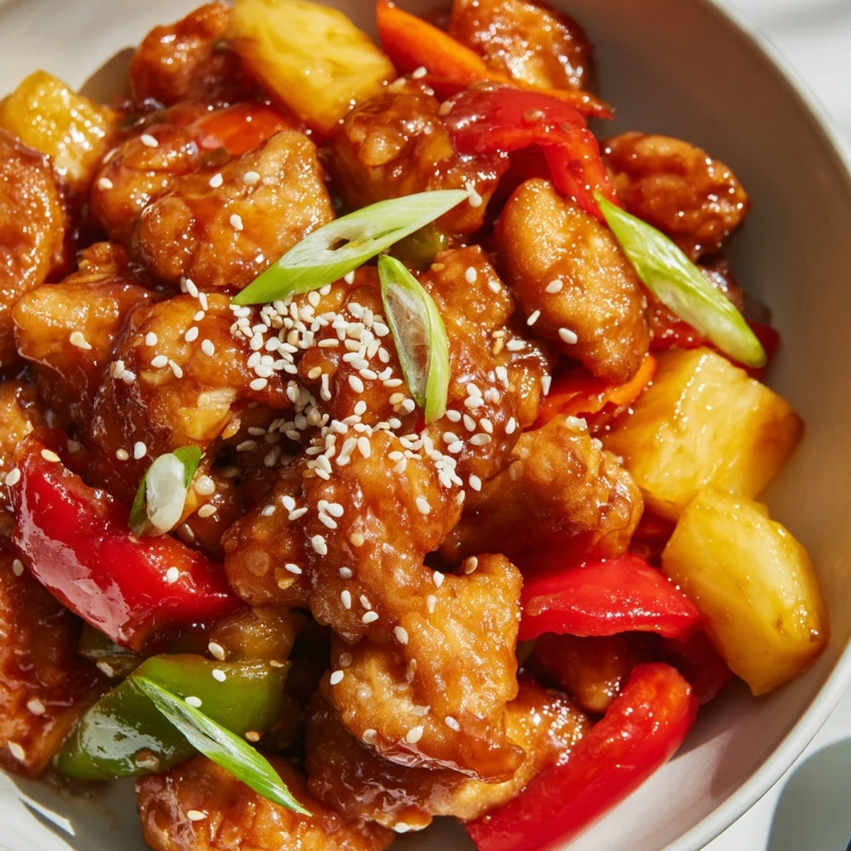 Golden pineapple chunks and crisp bell peppers mingle with tender chicken in this sweet chili sesame stir fry, served over fluffy jasmine rice.
