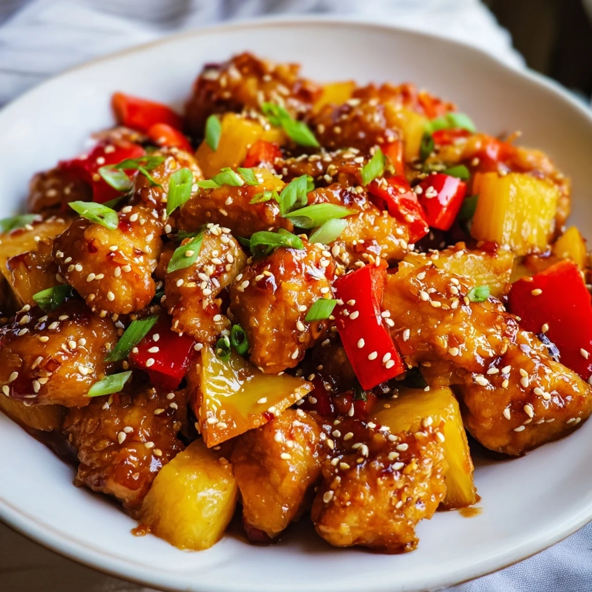 Pineapple Chicken Stir Fry with Sweet Chili and Sesame Seeds showcases juicy fruit, crunchy veggies, and toasted sesame seeds in a glossy sauce.