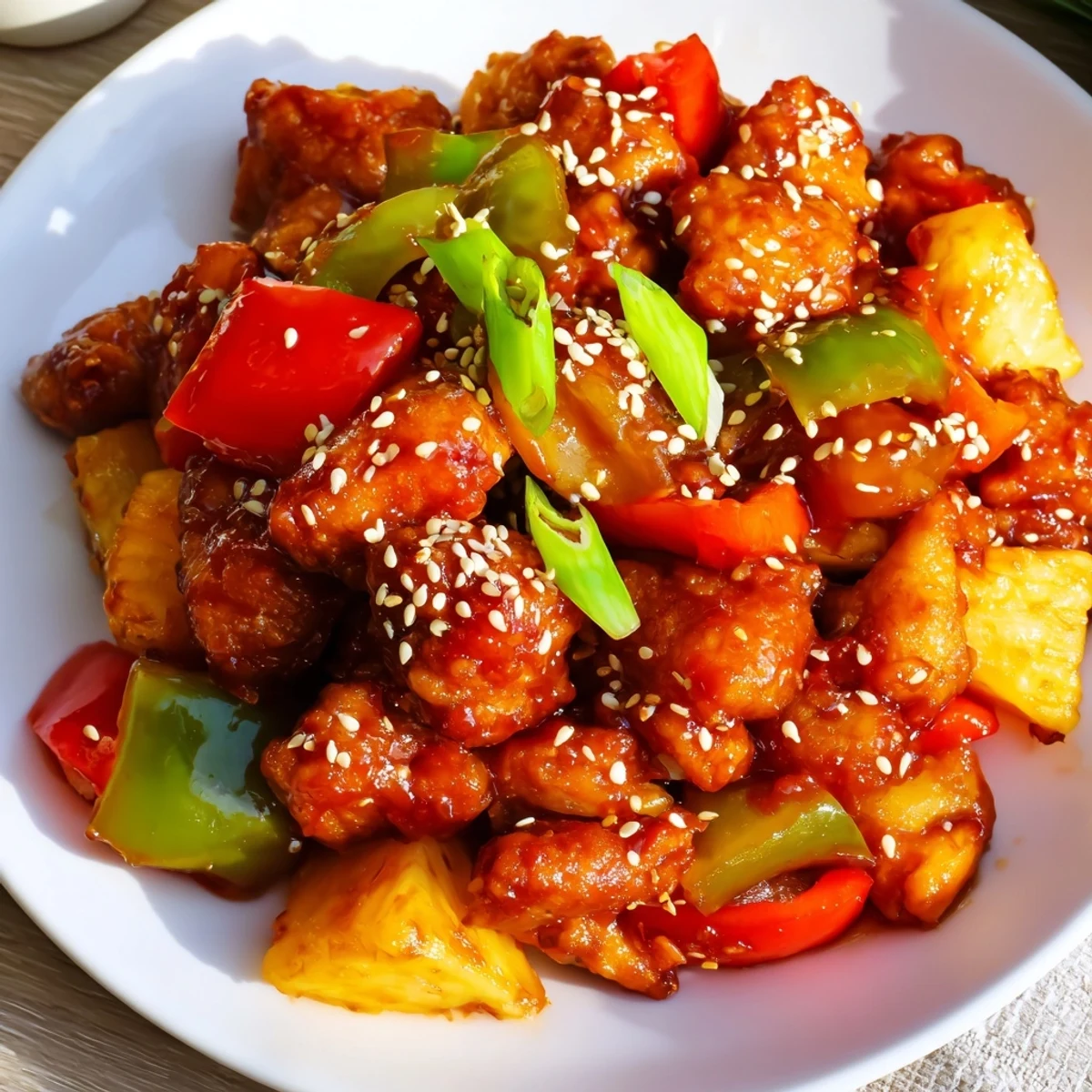 Sizzling Pineapple Chicken Stir Fry with Sweet Chili and Sesame Seeds features vibrant red and green peppers beside aromatic ginger and garlic.