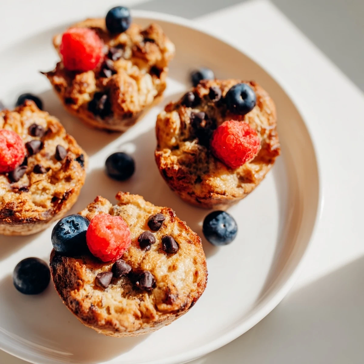 Warm Protein French Toast Muffins topped with chopped pecans and maple syrup drizzle, perfect for an easy breakfast.
