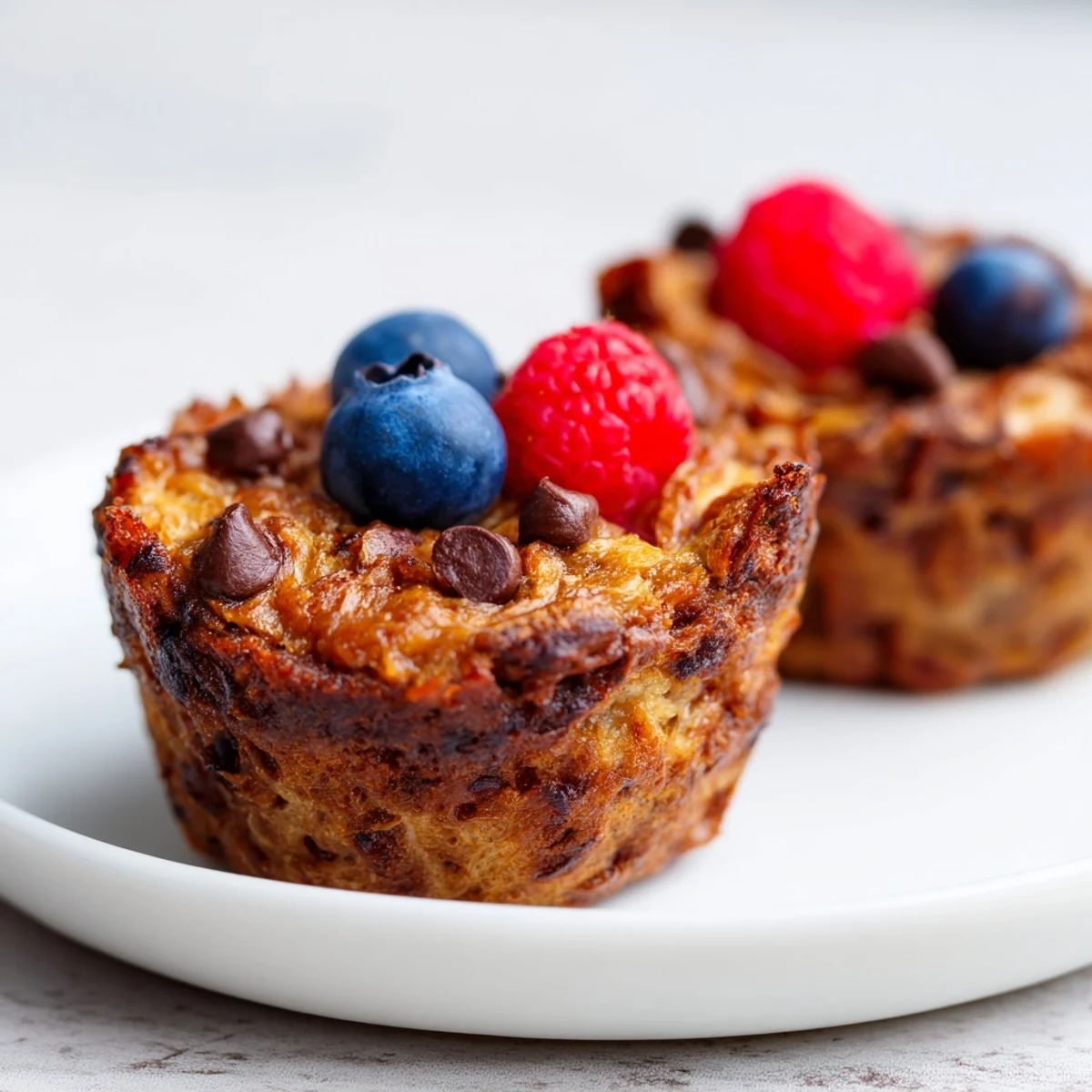 Freshly baked Protein French Toast Muffins with golden brown edges, served warm on a rustic plate with fresh berries.