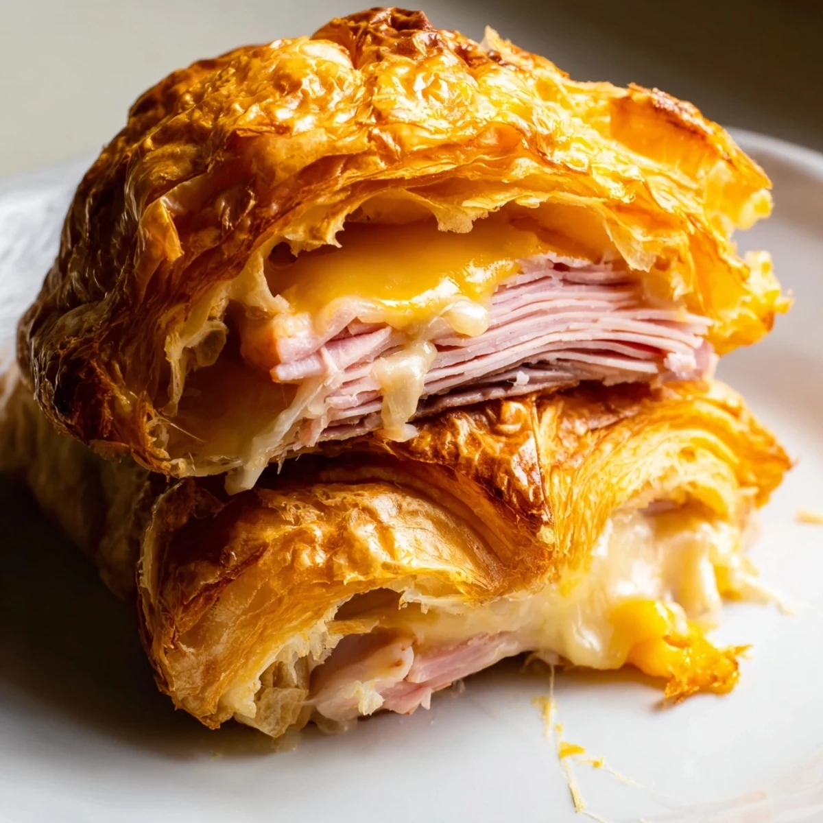 Golden, flaky Easy Air Fryer Beef Ham Cheese Croissants fresh from the air fryer, filled with savory beef, ham, and melted cheese.