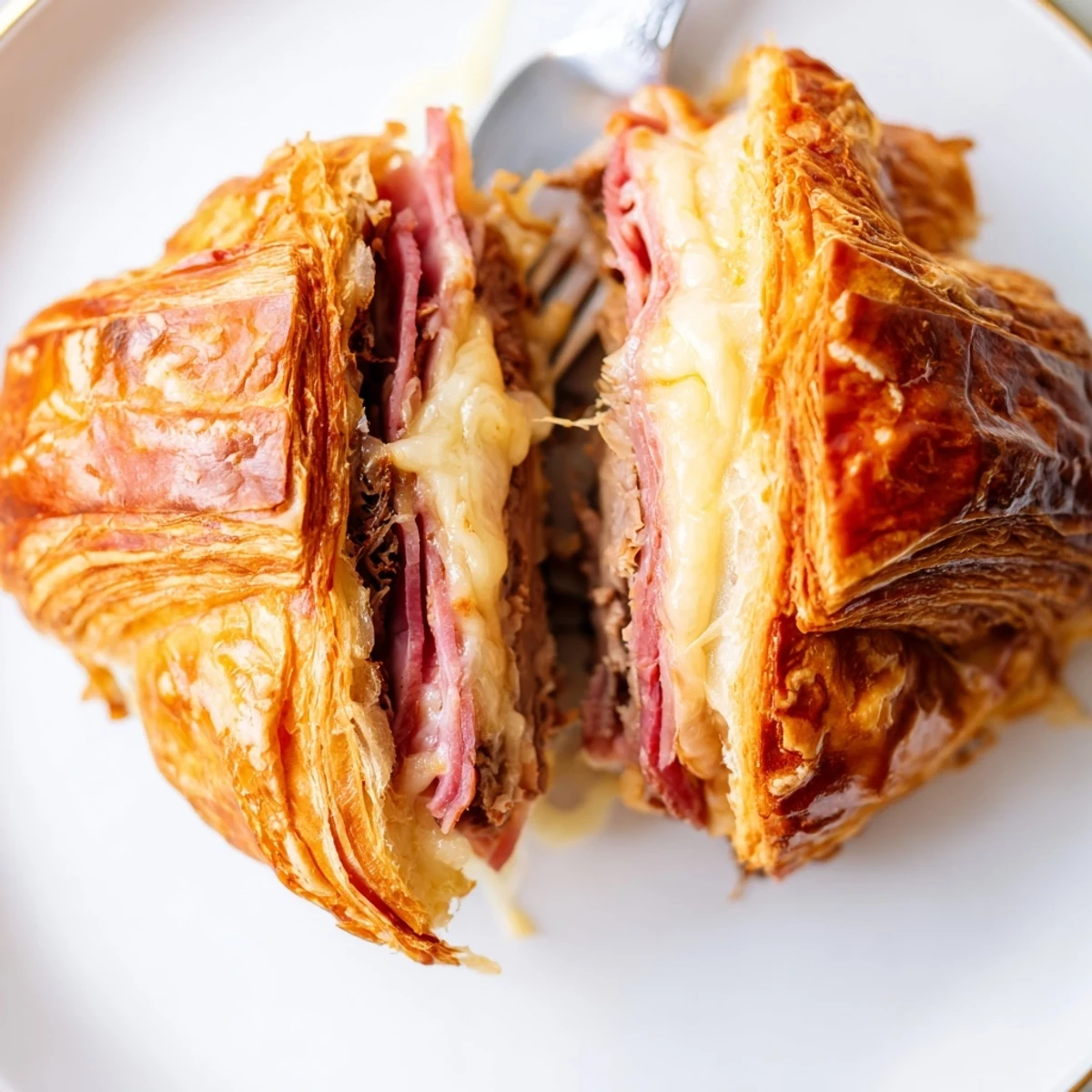 The Easy Air Fryer Beef Ham Cheese Croissants display a buttery, crisp exterior with molten cheese and hearty deli meats inside.