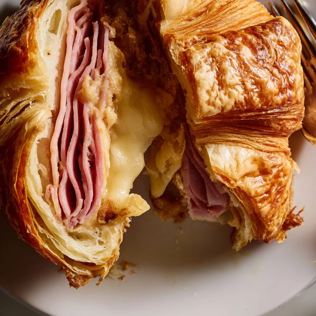 A close-up of Easy Air Fryer Beef Ham Cheese Croissants on a white plate, steam rising from the golden, crispy pastry.