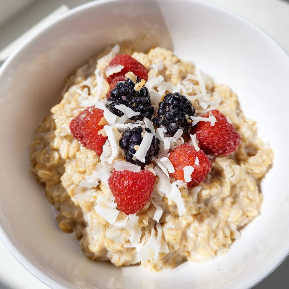 A close-up of Tasty Coconut Cream Oats in a white bowl, garnished with fresh berries and toasted coconut flakes.