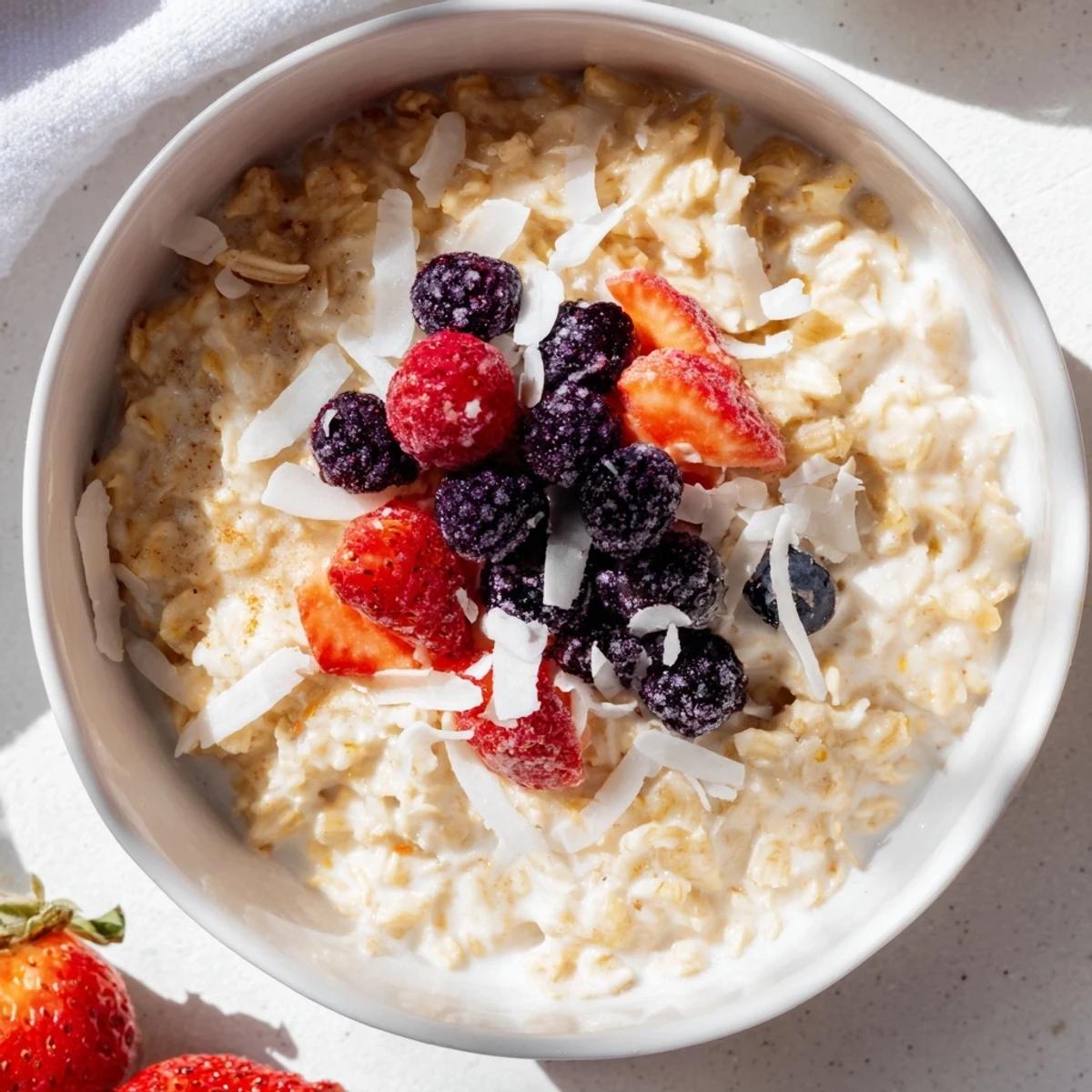 A warm serving of Tasty Coconut Cream Oats in a rustic bowl, surrounded by fresh ingredients for a cozy breakfast.