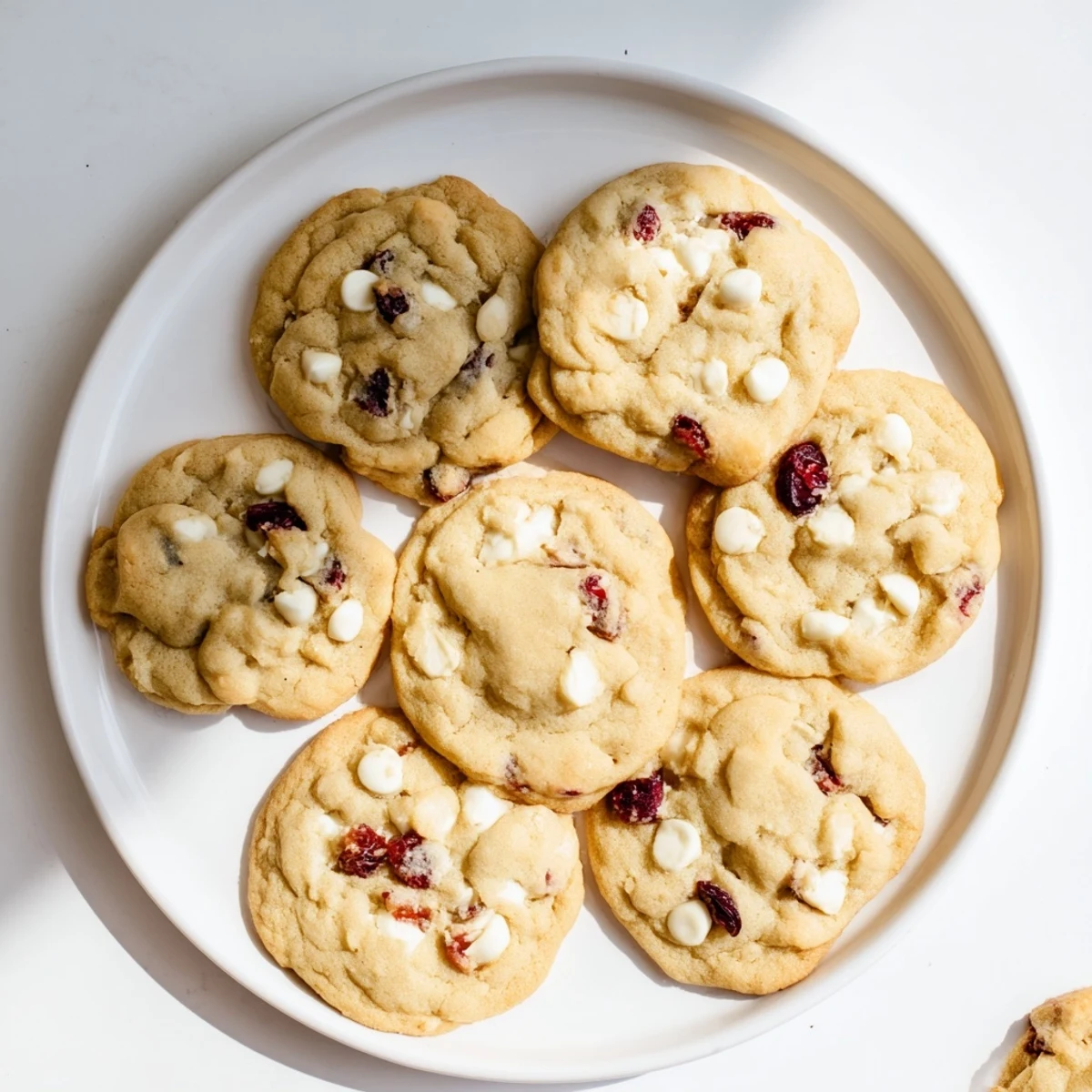 A close-up of White Chocolate Cranberry Cookies reveals gooey white chocolate chips melting into buttery edges and tart dried cranberries.