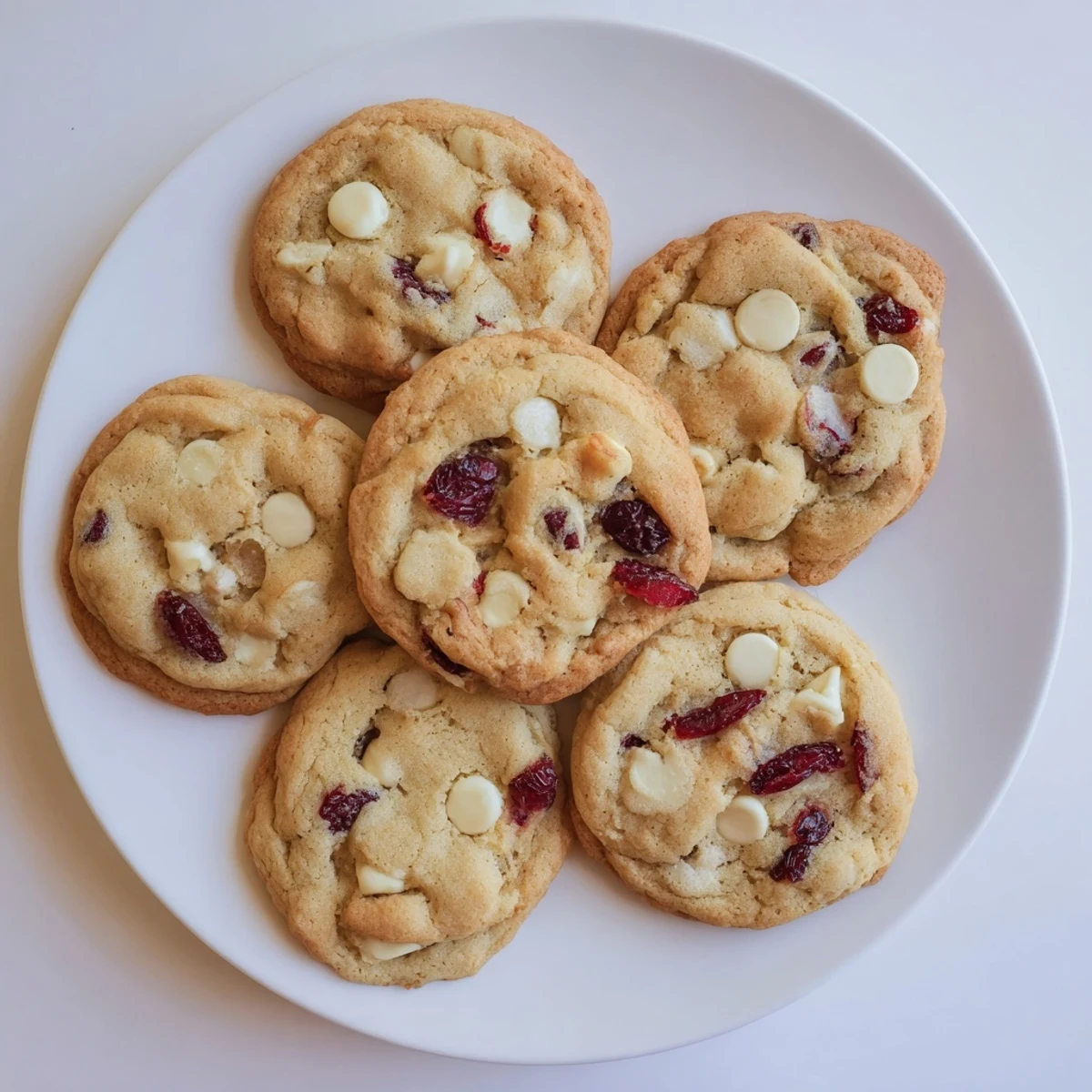 Golden-brown White Chocolate Cranberry Cookies are studded with creamy white chips and ruby-red cranberries, arranged on a rustic wooden board.