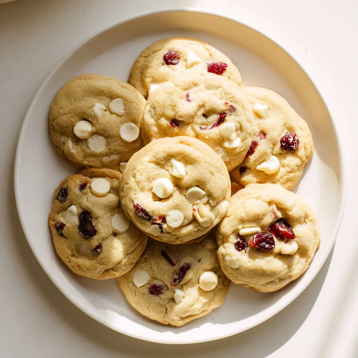 Freshly baked White Chocolate Cranberry Cookies sit on a cooling rack, perfect with a glass of milk for an afternoon treat.