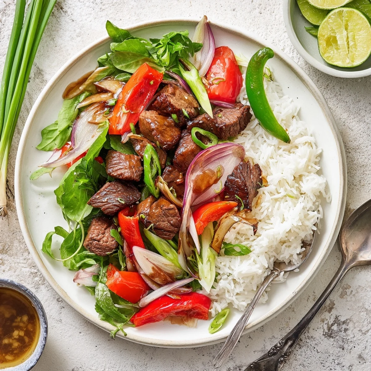 A platter of Vietnamese Shaking Beef rests on watercress with fresh tomato slices and a small bowl of tangy lime dipping sauce.