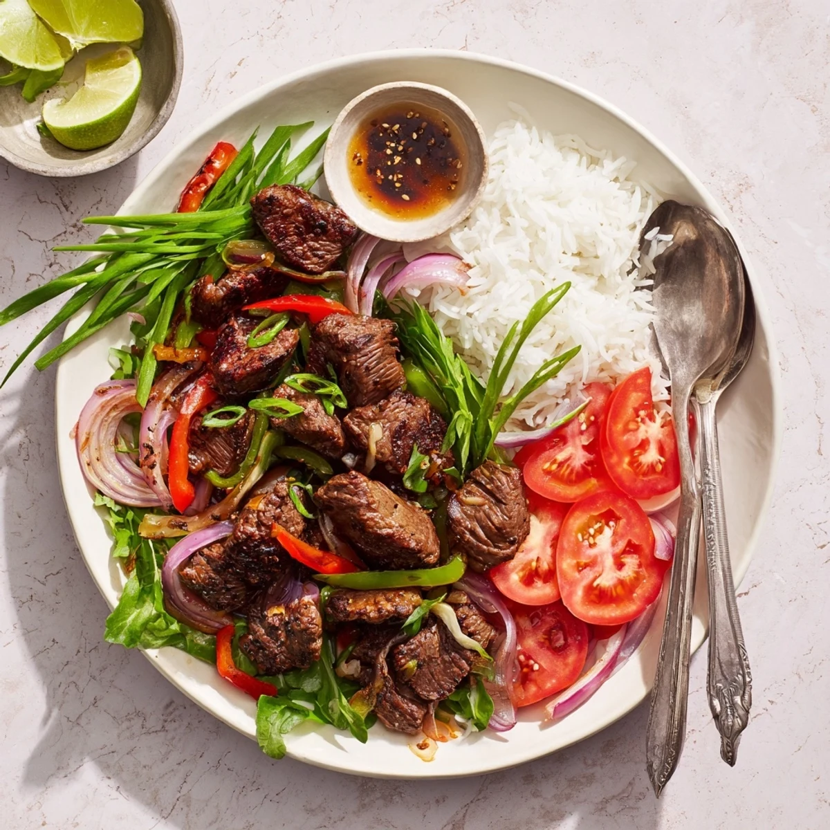 Juicy cubes of marinated steak in Vietnamese Shaking Beef sizzle in a wok with crisp red onion and bell peppers.