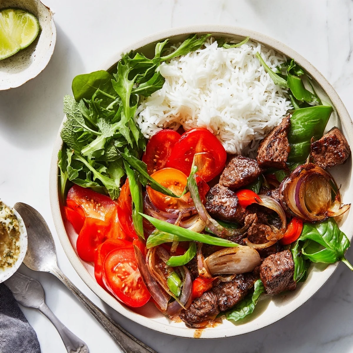 Close-up of Vietnamese Shaking Beef showcasing tender beef cubes, vibrant vegetables, and steamed jasmine rice for a savory dinner.