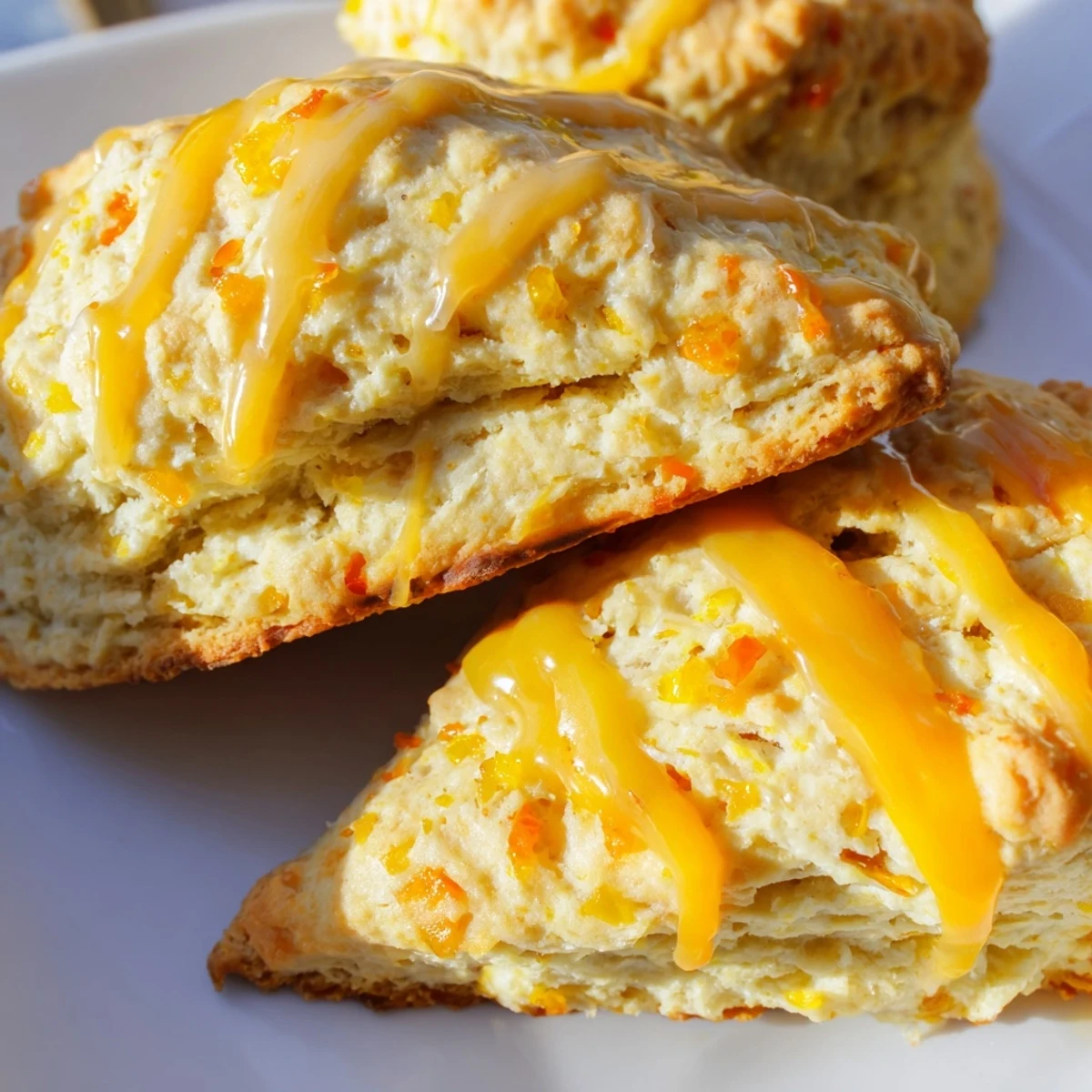A close-up of golden Candied Ginger Orange Scones with a glossy orange glaze and visible ginger bits on a rustic wood table.