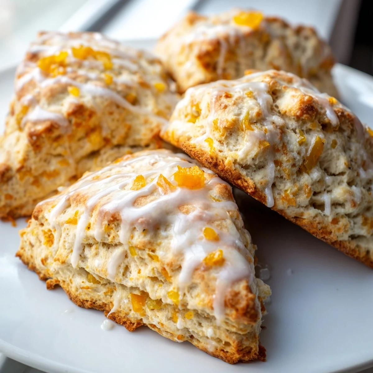 Freshly baked Candied Ginger Orange Scones on a wire rack with a cup of tea, showing a tender crumb and warm steam.