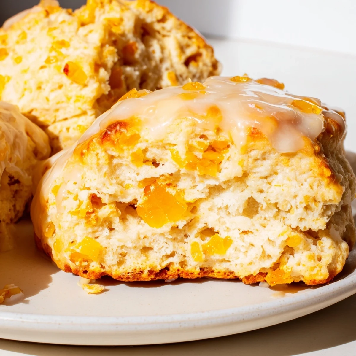 Overhead view of eight Candied Ginger Orange Scones arranged on a baking sheet, dusted with powdered sugar glaze drips.