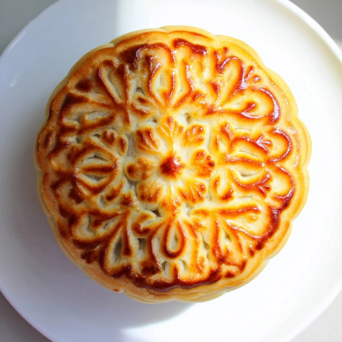 Golden-brown mooncakes with intricate floral designs are arranged neatly on a parchment-lined tray, showcasing their traditional festive appearance.