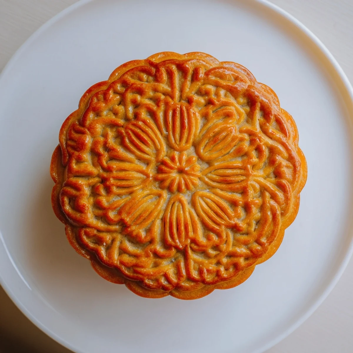 A freshly baked mooncake is cut in half, revealing a dense lotus seed paste and a golden salted egg yolk center.