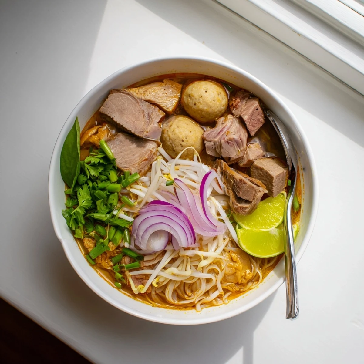 Steaming bowl of Bun Bo Hue with tender beef slices, thick rice noodles, and fresh herbs on the side.