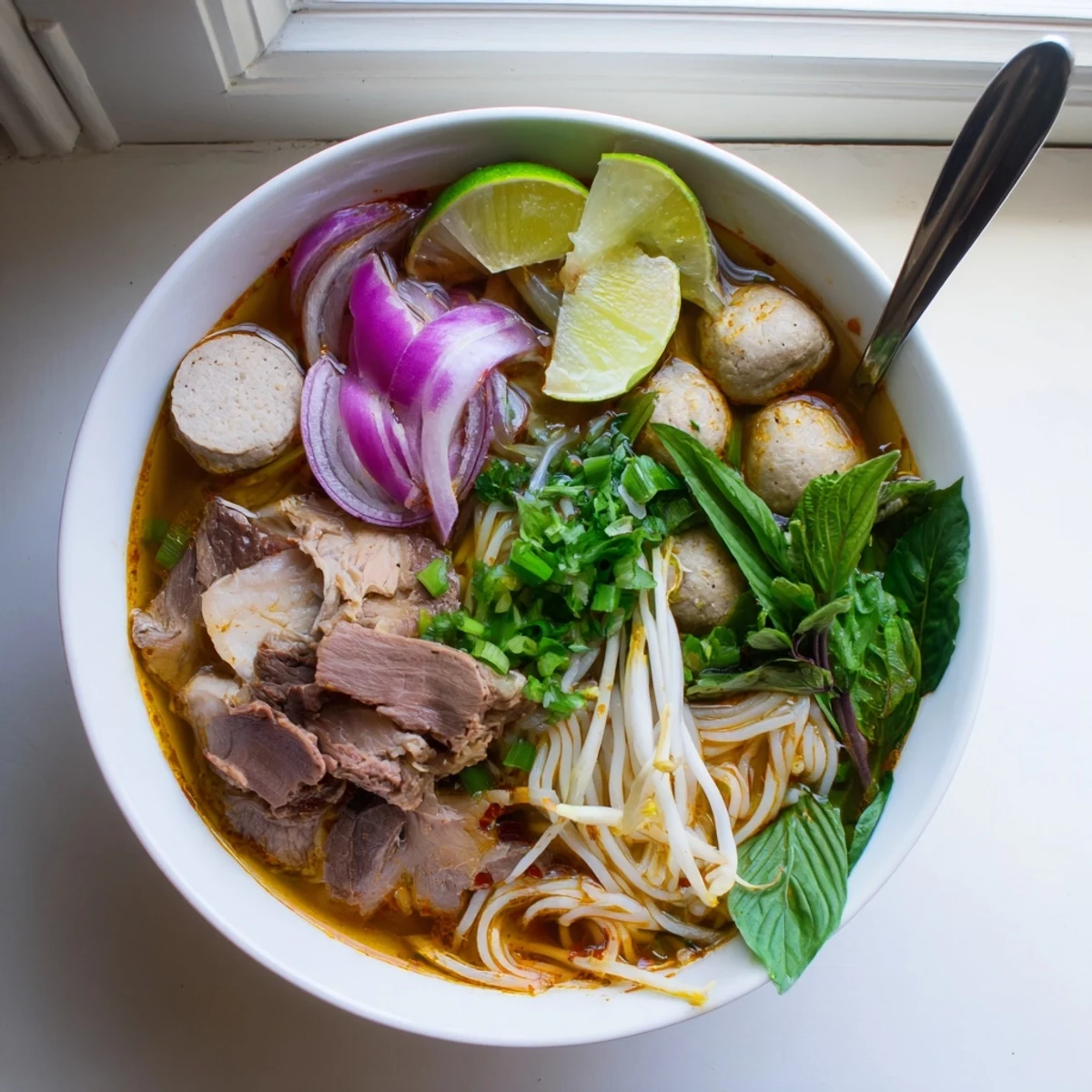 Close-up of Bun Bo Hue broth featuring beef brisket, pork sausage, and sliced chilis for heat.