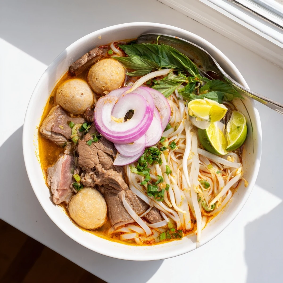 Aromatic Bun Bo Hue soup garnished with lime wedges, bean sprouts, and vibrant chili oil drizzle.