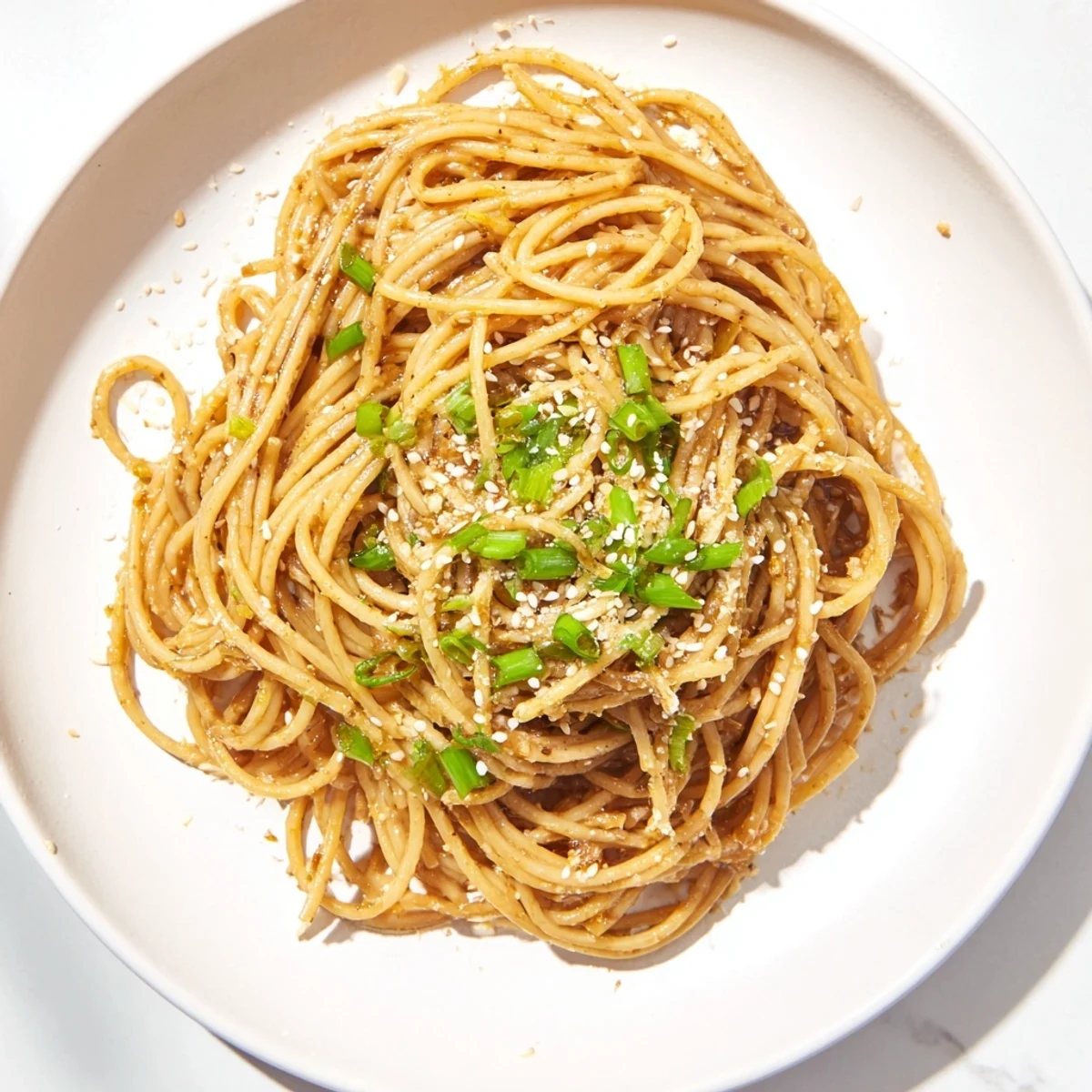 Plate of Garlic Noodles tossed in a savory garlic-butter sauce, garnished with Parmesan and scallions, ready to serve with iced green tea or white wine.