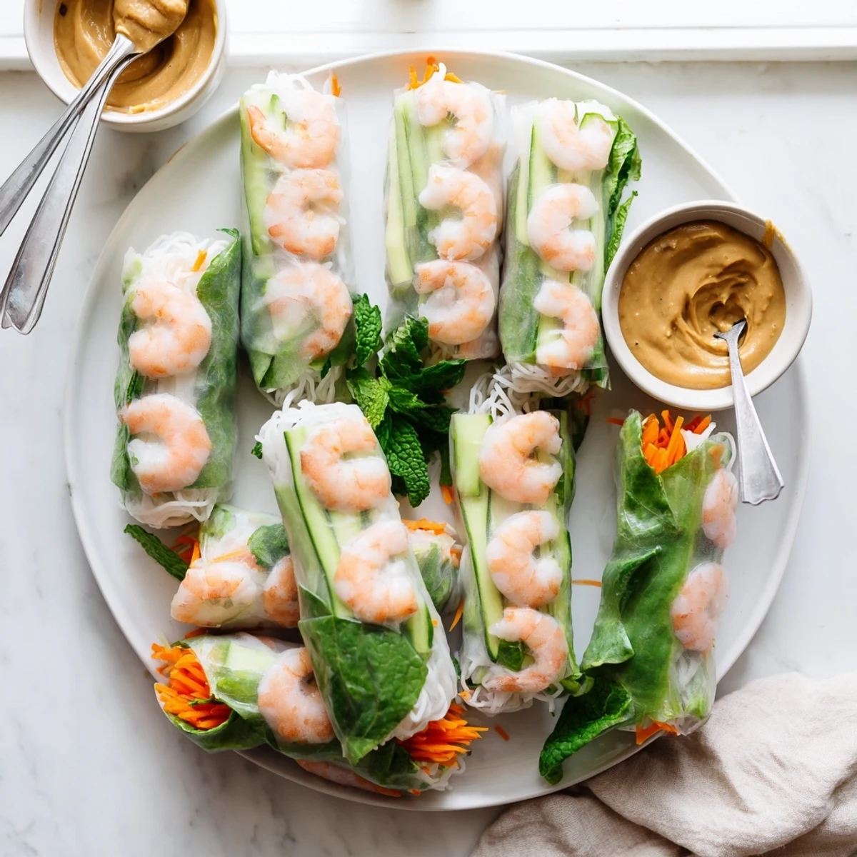Fresh Vietnamese Spring Rolls with crisp carrots, cucumbers, and shrimp on a white plate beside a small bowl of peanut dipping sauce.