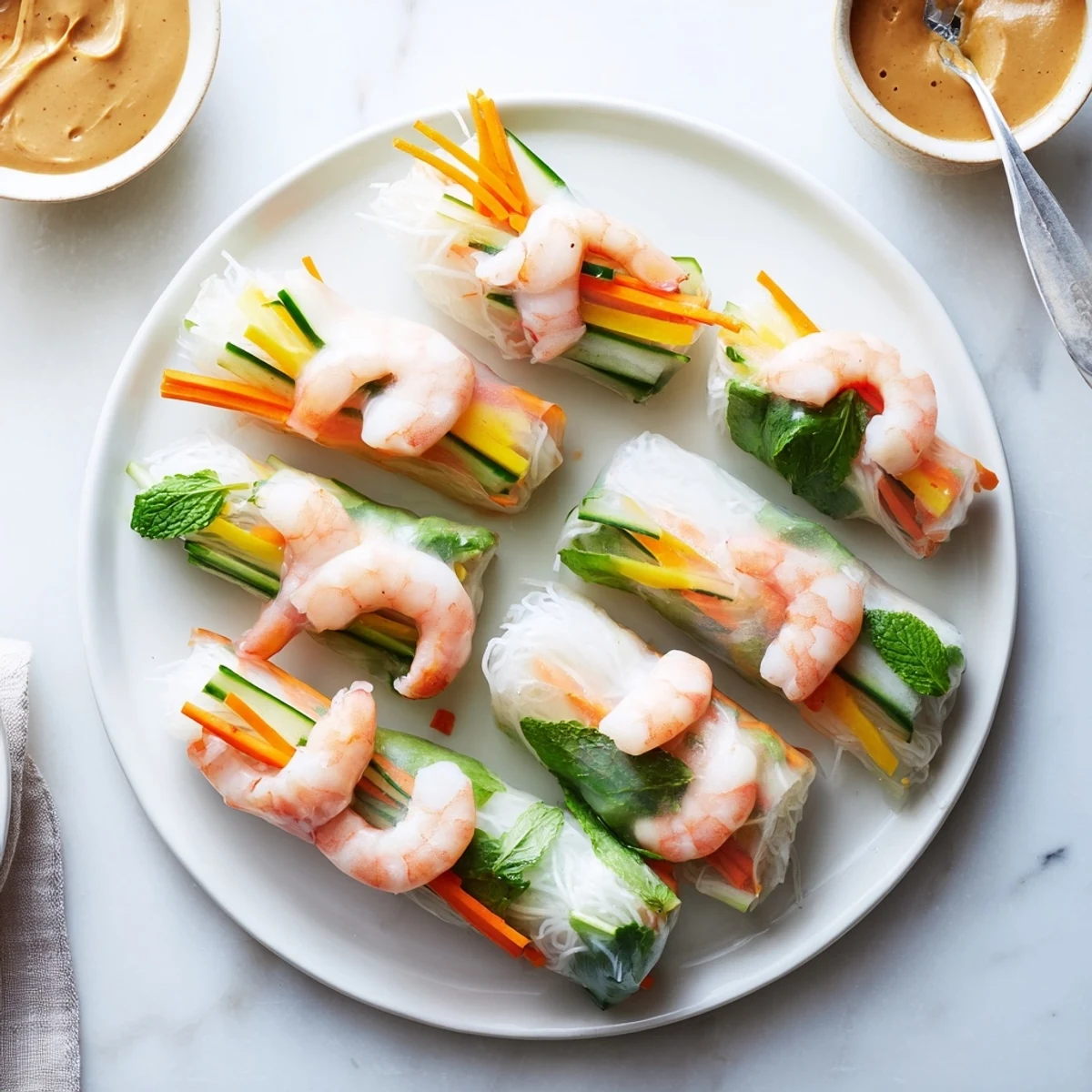 Homemade Vietnamese Spring Rolls filled with tender shrimp, fresh herbs, and crunchy vegetables, ready to be dipped in a savory peanut sauce.