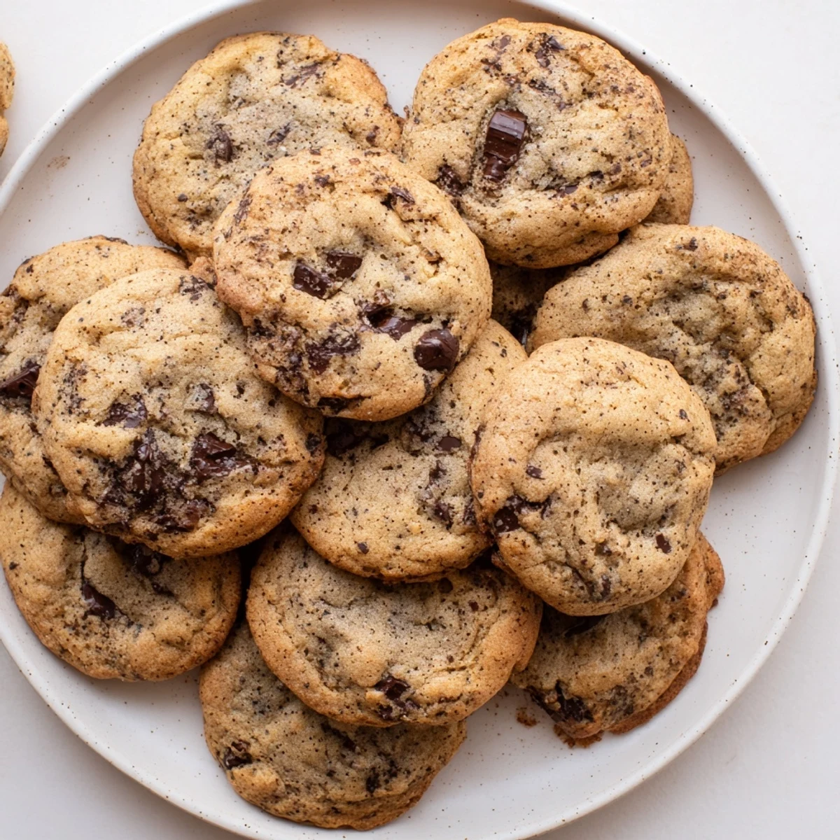 Freshly baked Chai Spiced Chocolate Chip Cookies with melty semi-sweet chips on a rustic wooden table.