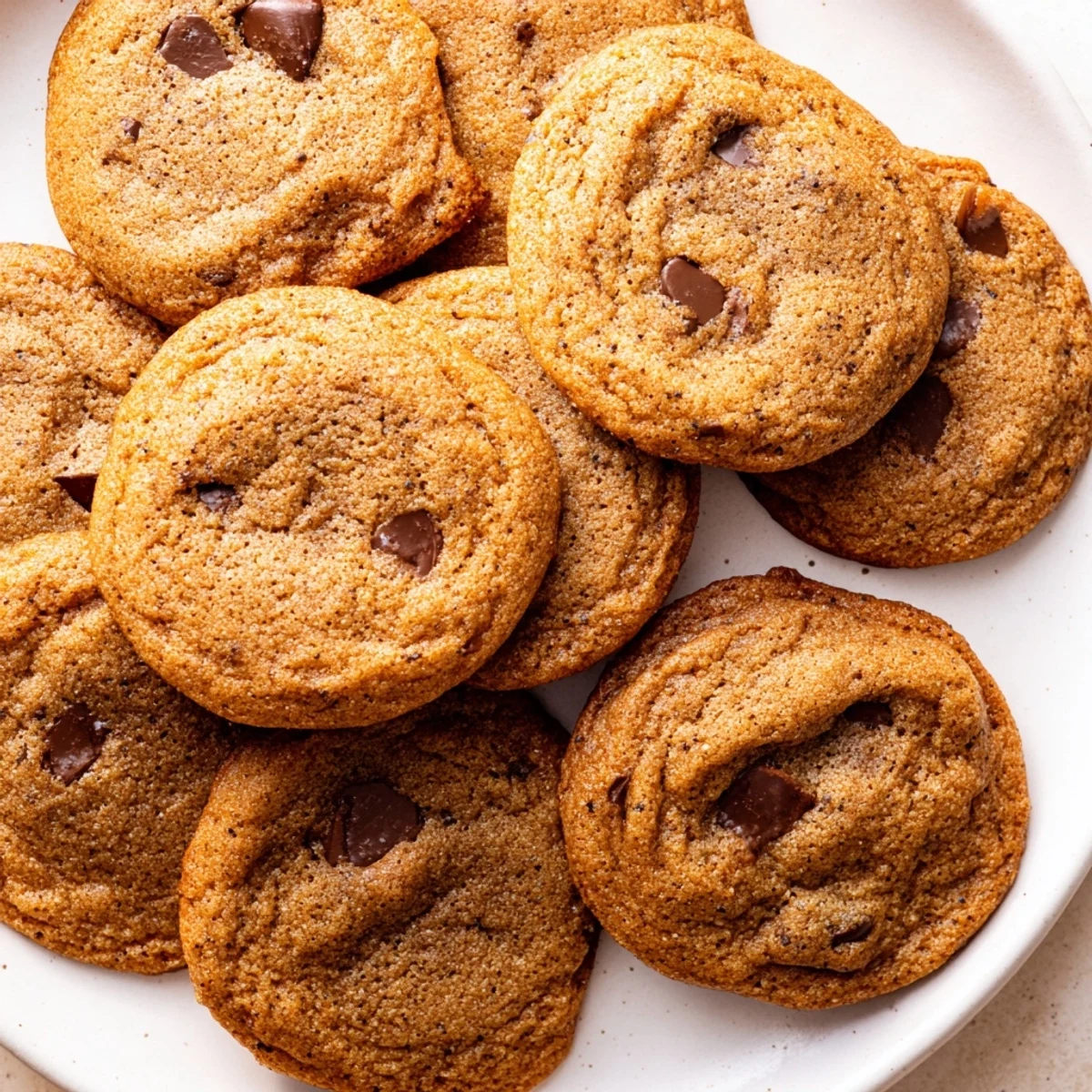 Golden-brown Chai Spiced Chocolate Chip Cookies are stacked high next to a steaming mug of chai tea.