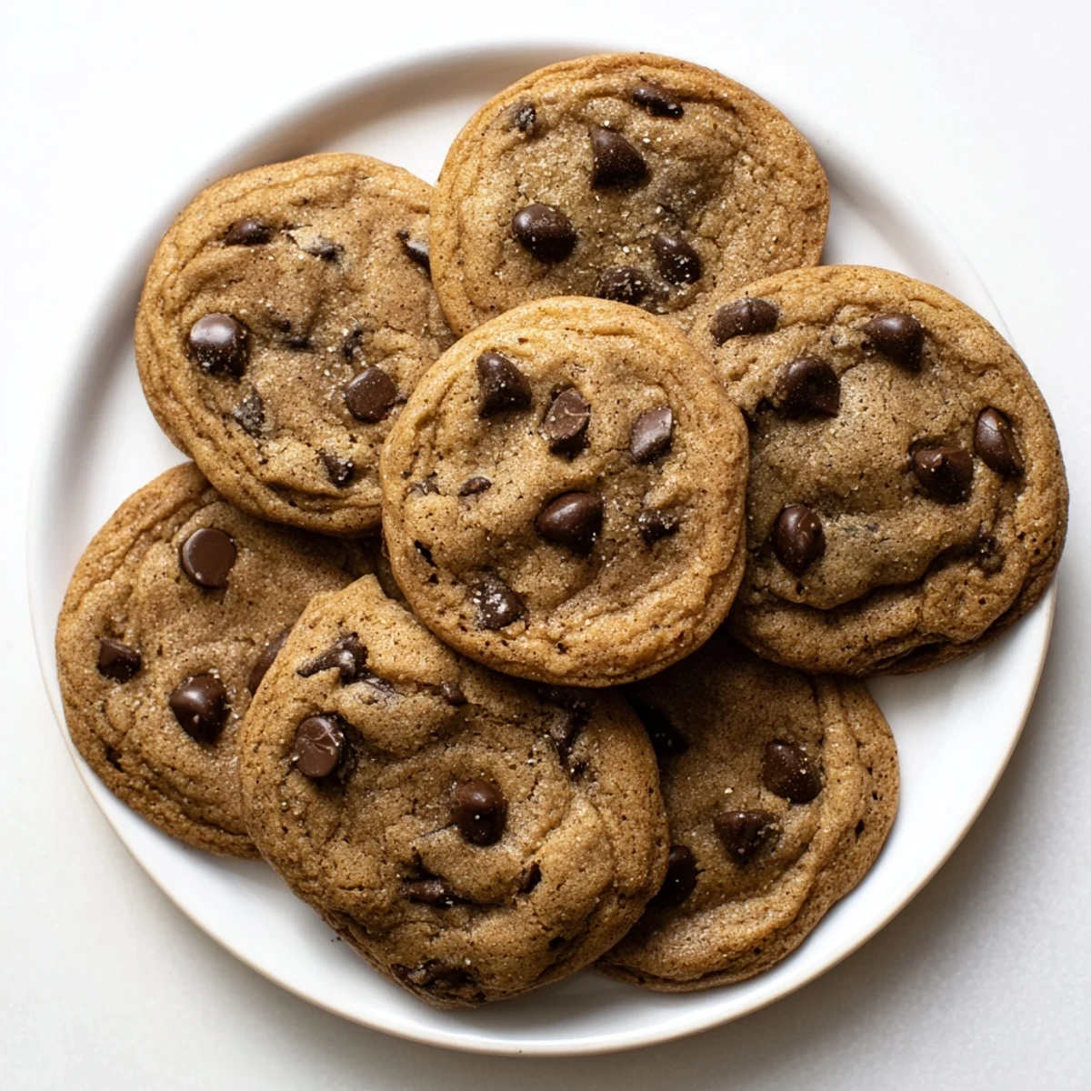 Soft and chewy Chai Spiced Chocolate Chip Cookies are arranged on a white plate with cinnamon sticks.