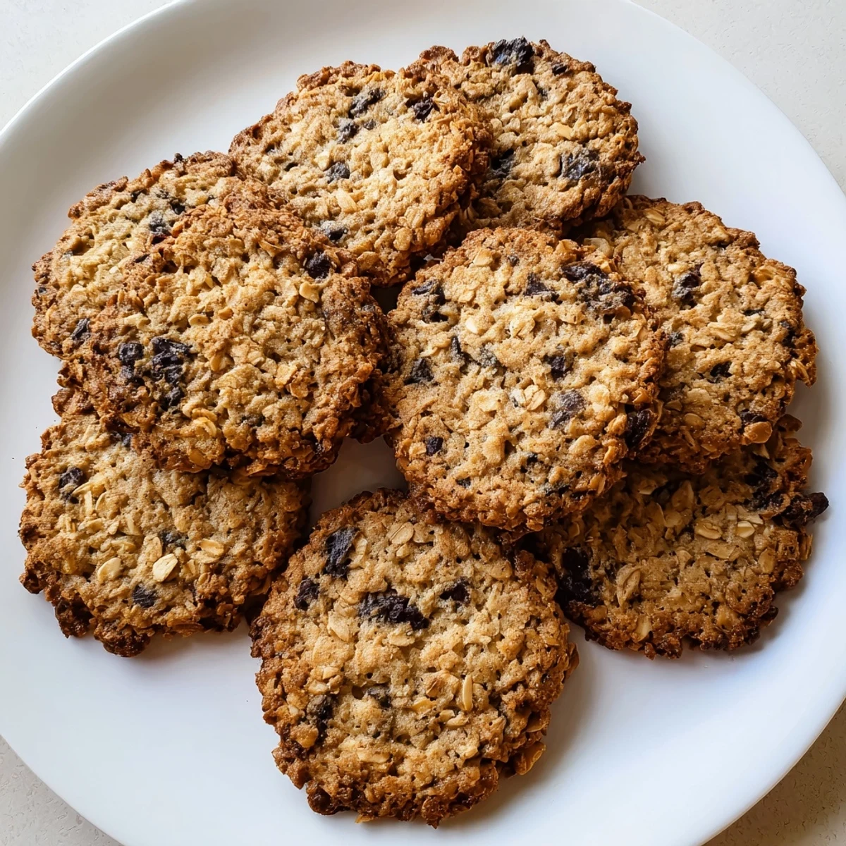 Freshly baked 4 Ingredient Crispy Chocolate Oat Cookies cooling on a wire rack with melted chocolate chunks.