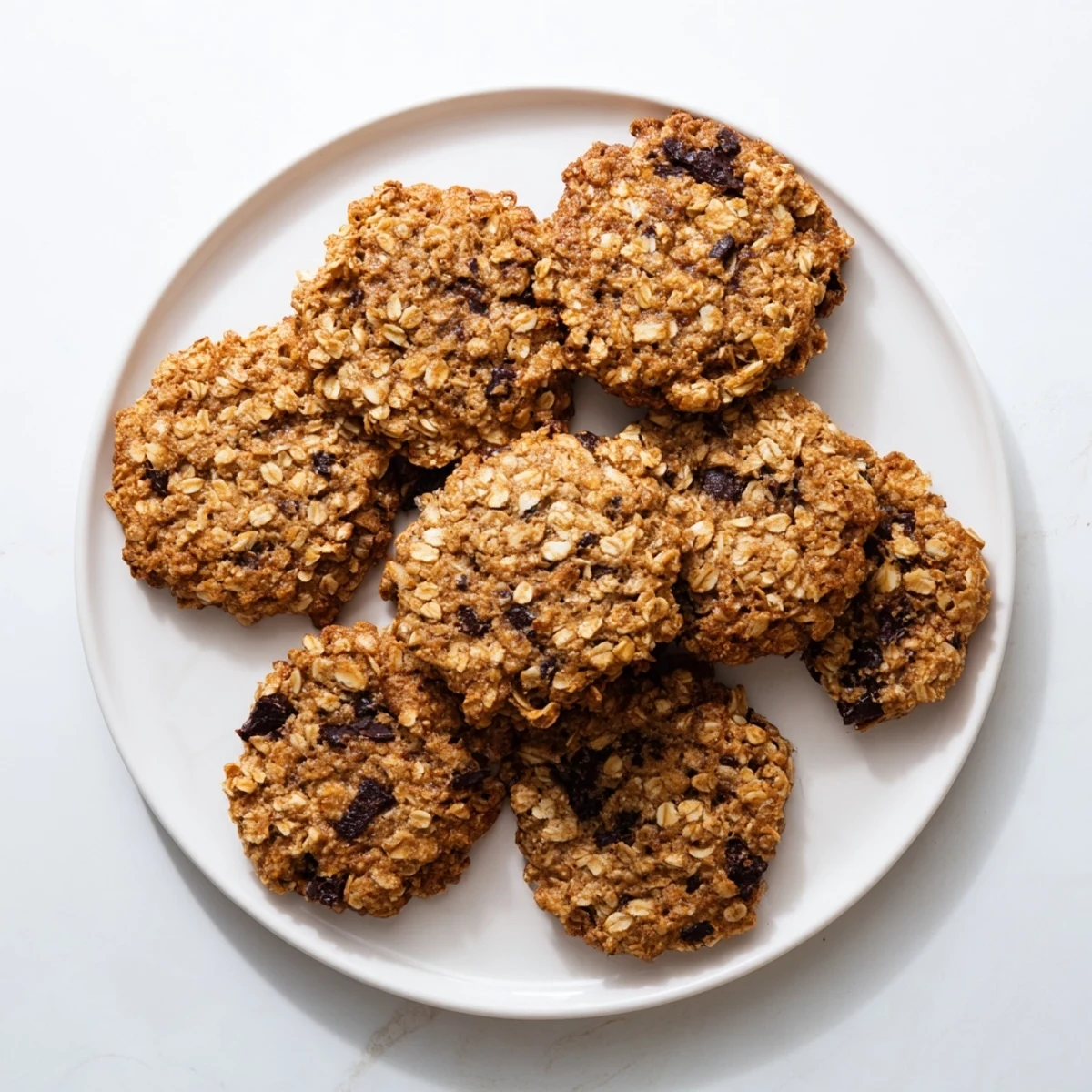 Golden brown 4 Ingredient Crispy Chocolate Oat Cookies on a parchment-lined baking sheet with a rustic wooden spoon.