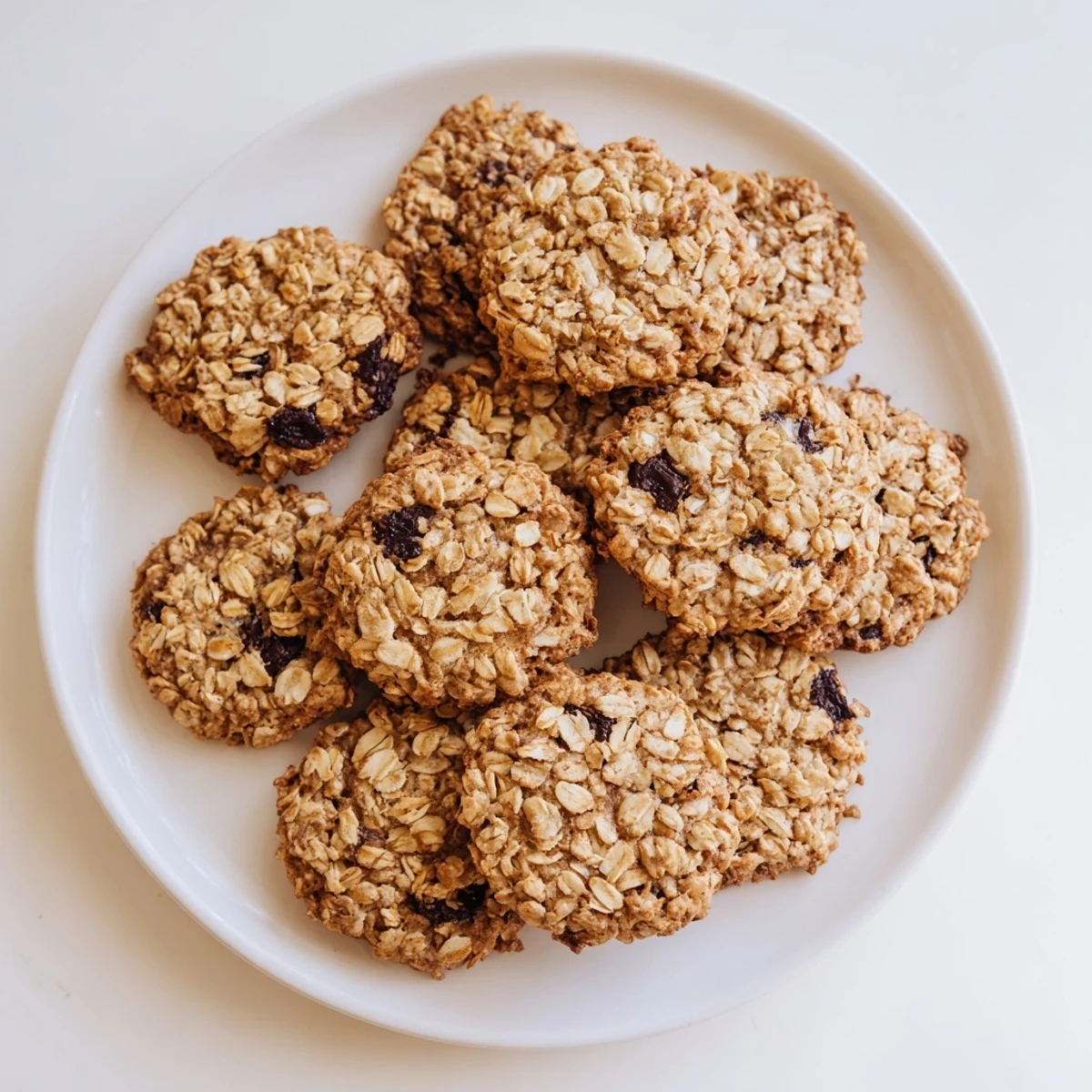 Delicious stack of 4 Ingredient Crispy Chocolate Oat Cookies with a glass of cold milk for dunking.