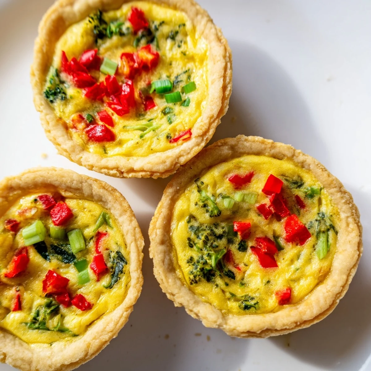 Golden-crust vegan mini quiches with vibrant red bell peppers and spinach on a white plate.