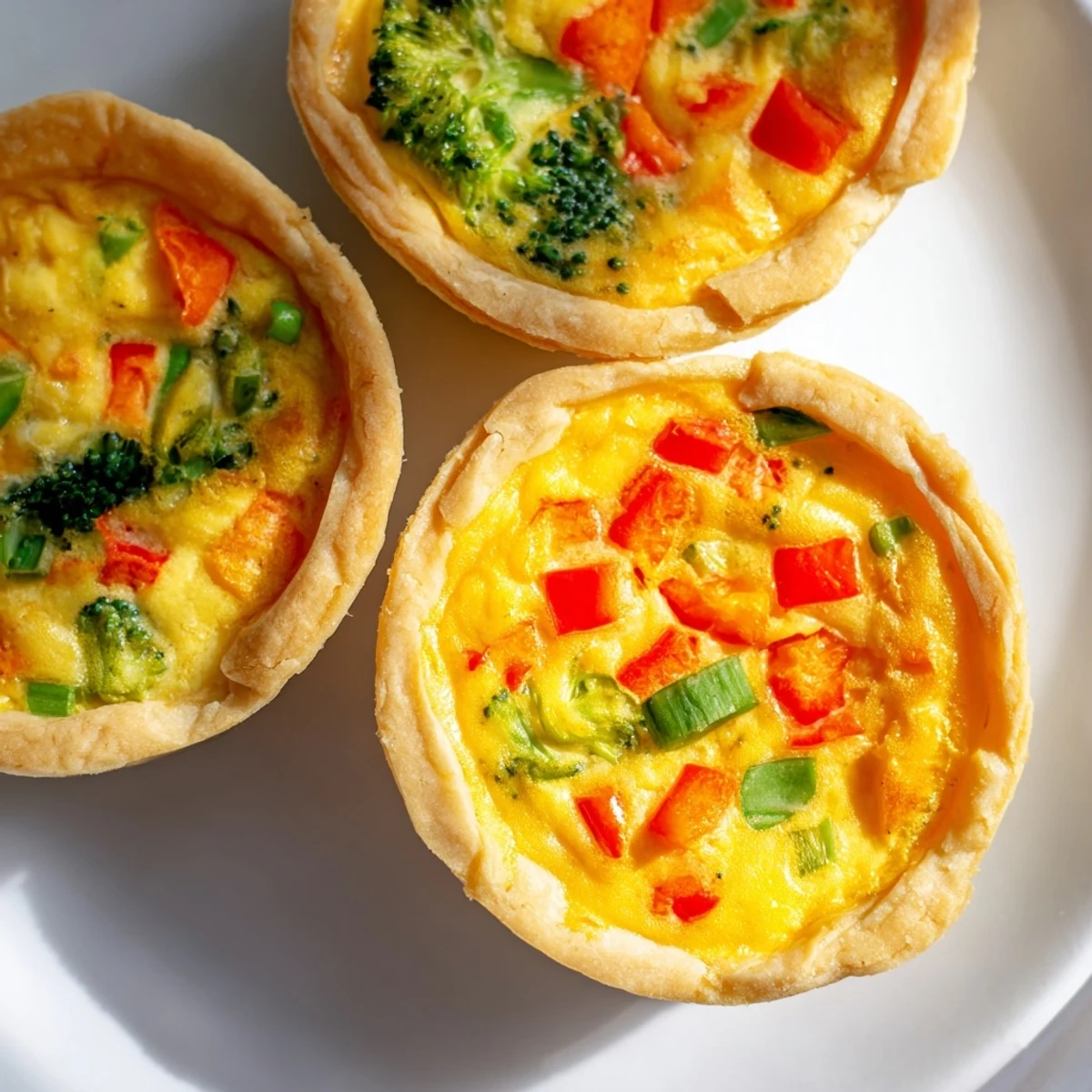 Freshly baked vegan mini quiches filled with creamy chickpea mixture and colorful vegetables on a platter.