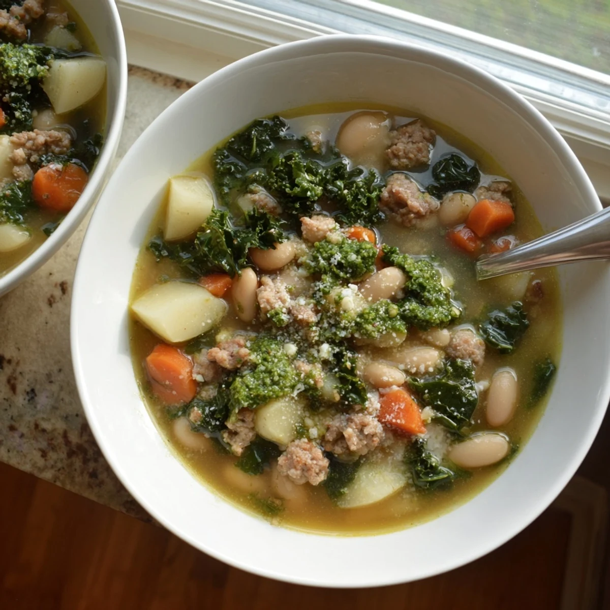 Close-up of Zuppa Toscana with Basil Pesto Lemon Broth featuring crumbled sausage and vibrant green pesto swirl.