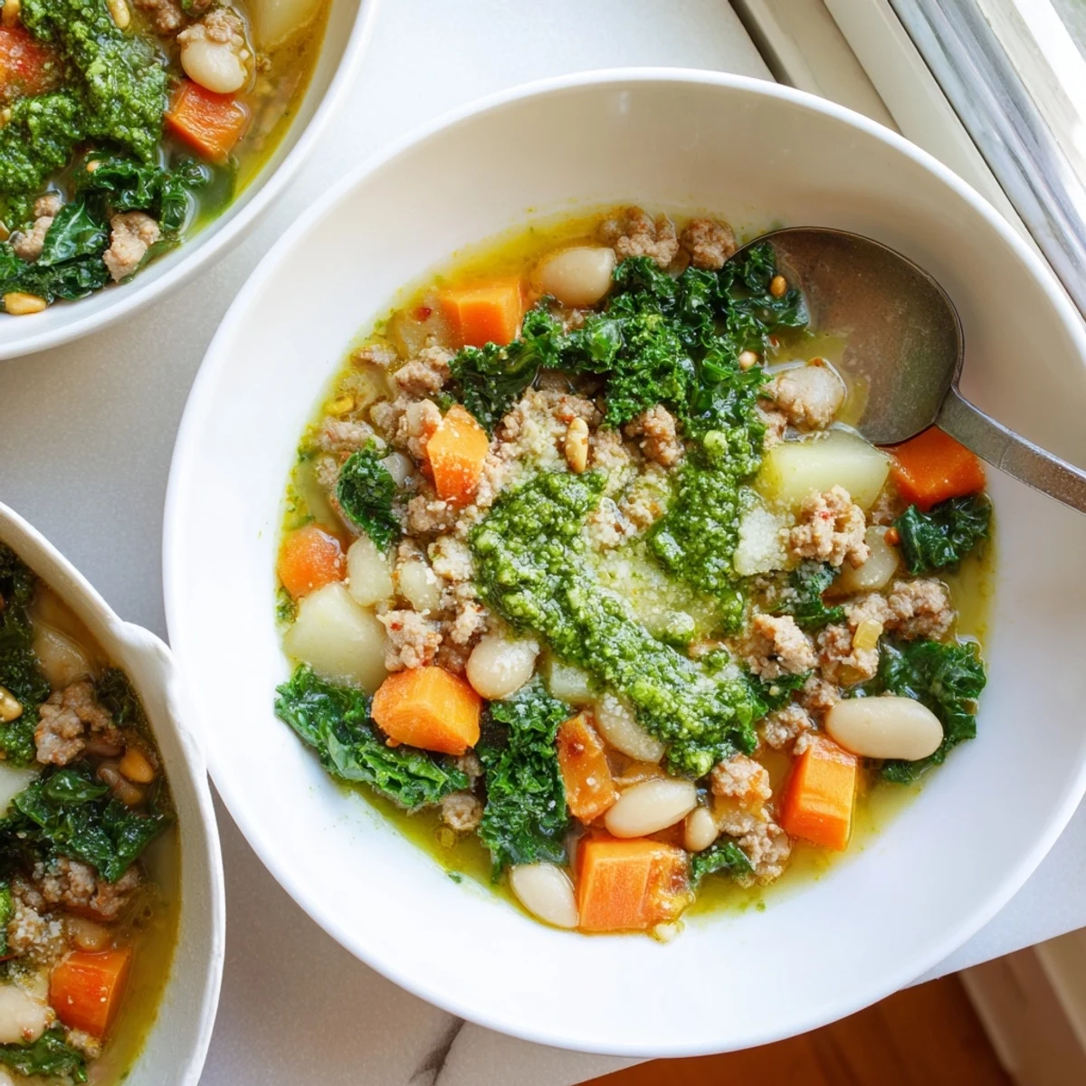 A steaming bowl of Zuppa Toscana with Basil Pesto Lemon Broth, showcasing kale, creamy beans, and rustic potatoes.
