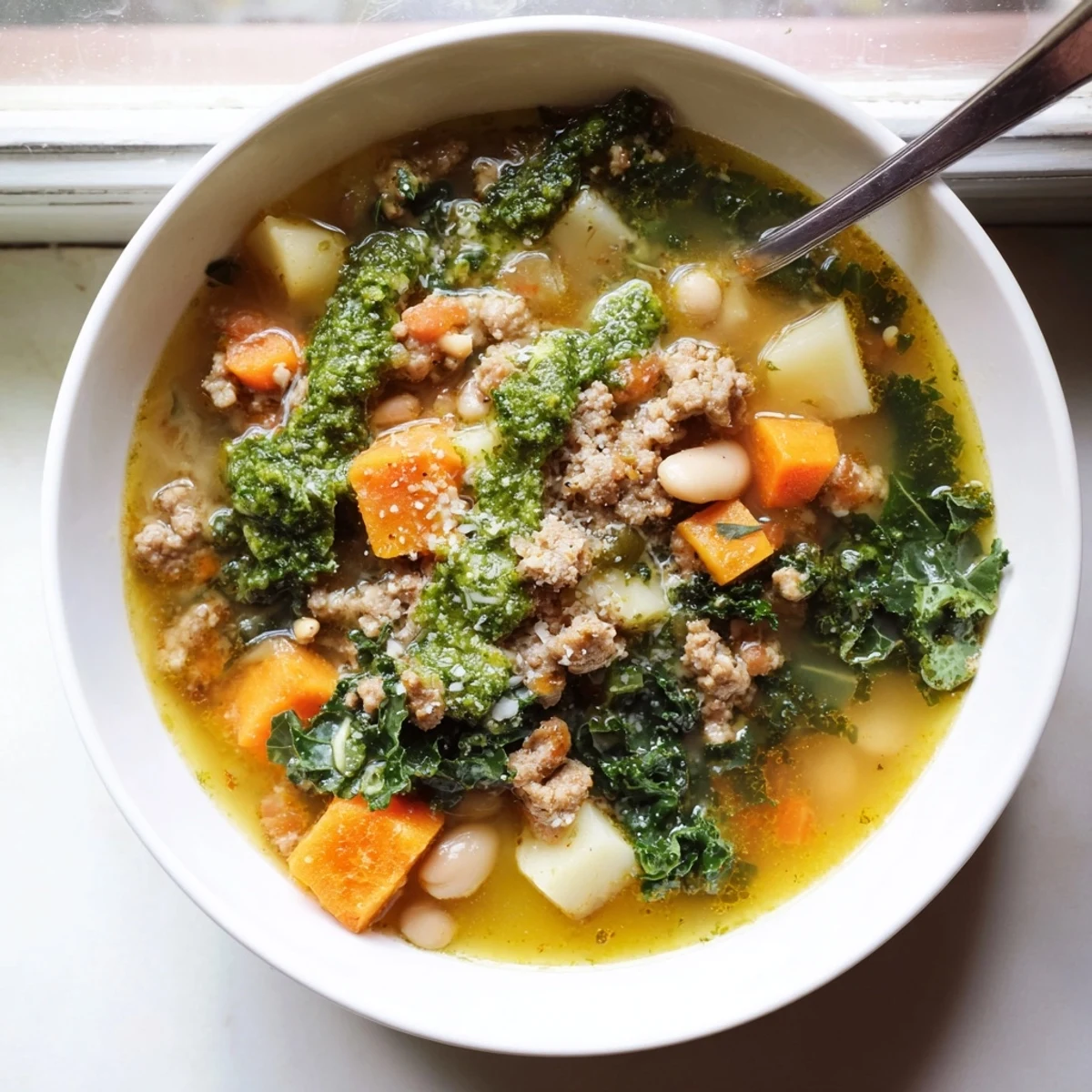 Serving suggestion for Zuppa Toscana with Basil Pesto Lemon Broth paired with crusty bread and fresh herbs.