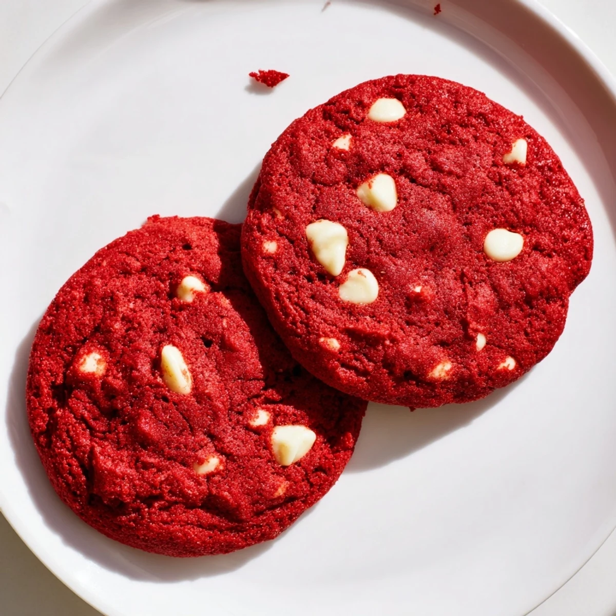 Freshly baked Red Velvet Cookies on a cooling rack with melted white chocolate chips and a subtle cocoa aroma.