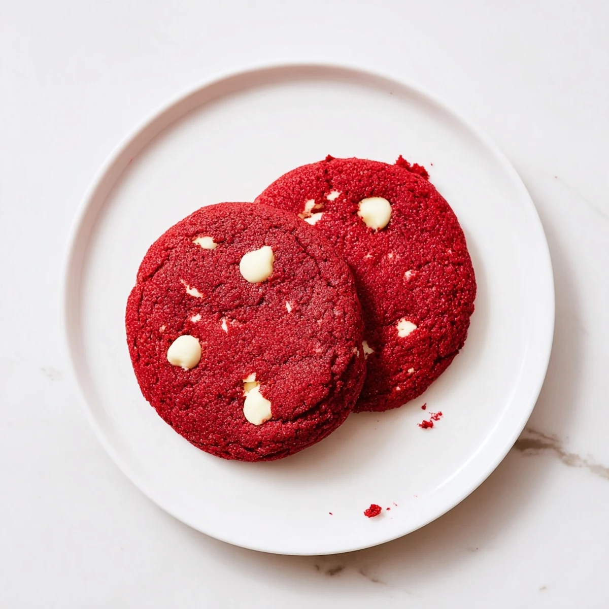 Two warm Red Velvet Cookies stacked, showing rich red swirls and creamy white chocolate chips on a rustic backdrop.