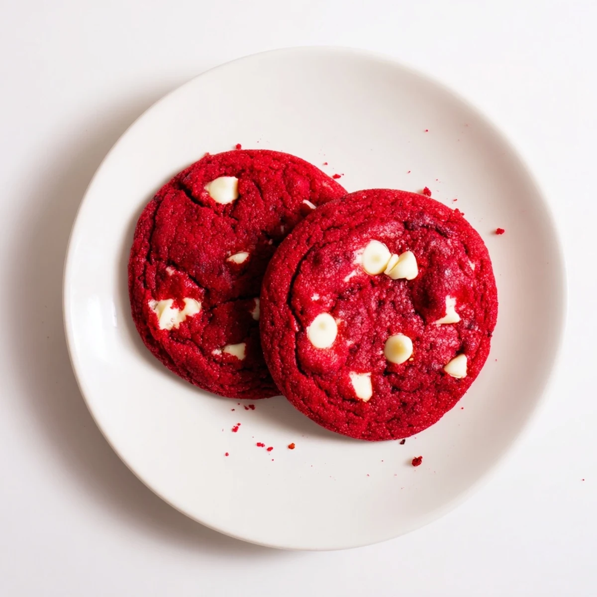Bite-sized Red Velvet Cookies plated with a glass of milk, perfect for an indulgent American dessert spread.